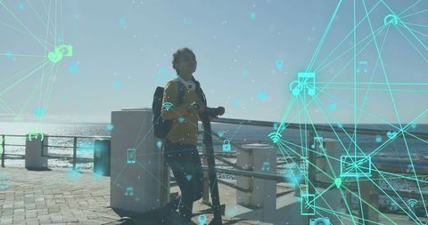 Digital Connectivity Overlay on Woman with Scooter by Seaside