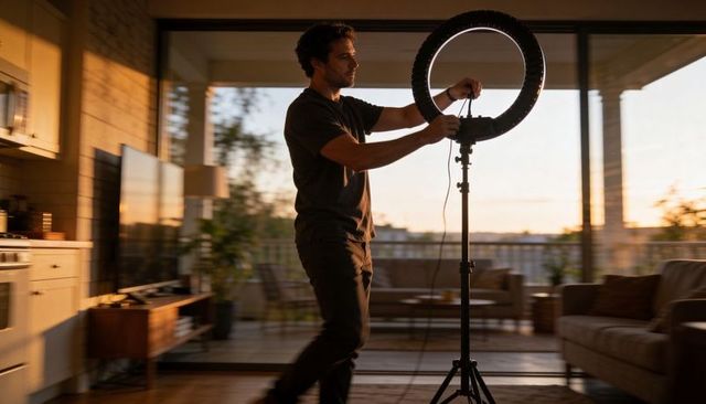 Man adjusting led ring light on tripod in modern apartment at sunset for content creation