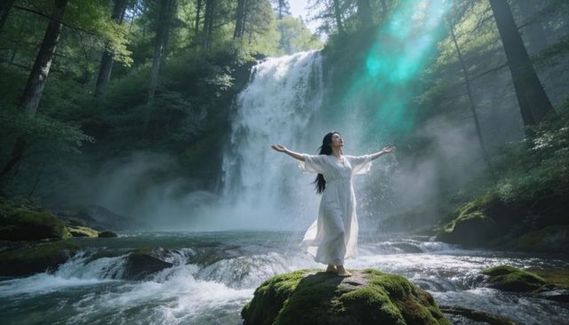 Asian woman standing on mossy rock embracing sunbeams at ethereal waterfall in forest