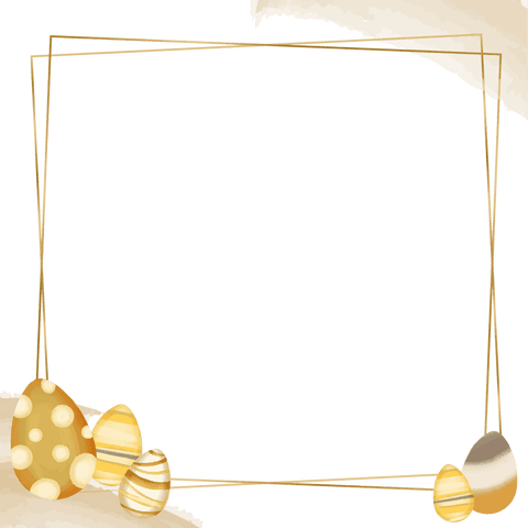 Elegant gold easter frame with decorated eggs on transparent background