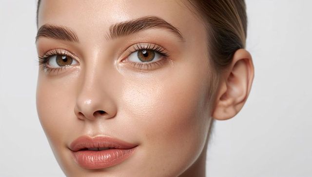 Glowing closeup portrait of young woman with flawless skin and natural makeup for skincare