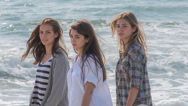 Windblown teen friends walking along ocean shoreline wearing casual summer outfits