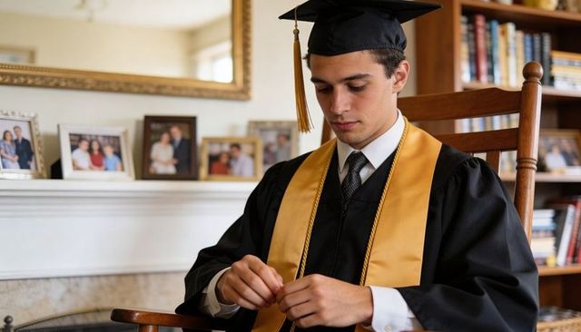 Graduate in cap and gown reflecting at home with gold stole, contemplative graduation moment