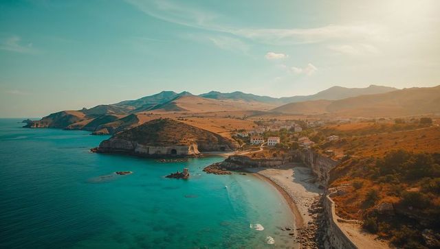 Idyllic coastal cove with turquoise waters and picturesque village