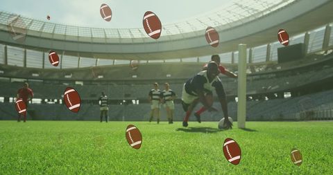 Diverse Rugby Players Competing in Stadium with Virtual Overlay - Download Free Stock Images Pikwizard.com