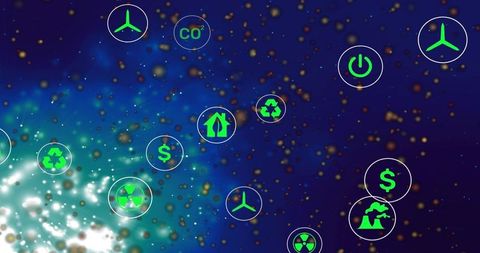 Green Sustainability Icons Floating Over Blue Gradient for Renewable Energy & Carbon Data