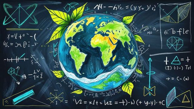 Earth Globe with Green Leaves and Chalkboard Formulas