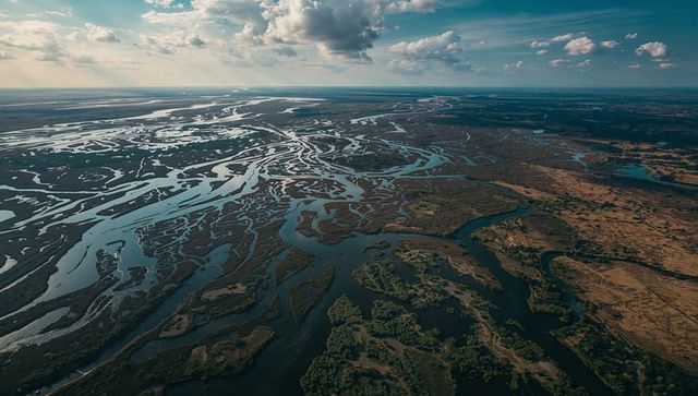 Aerial view of braided river delta weaving through marshes at low tide with intricate channels