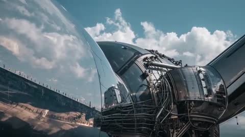 Panning camera revealing polished propeller blade and complex hub linkages reflecting runway and clo