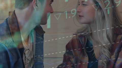 Couple Conversing Amid Digital Data Graphics Overlay