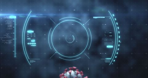 Futuristic hud targeting covid-19 virus cell in digital environment