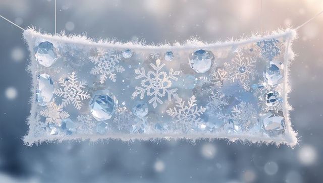 Frosted crystal panel swinging with snowflake motifs and blue bokeh glow