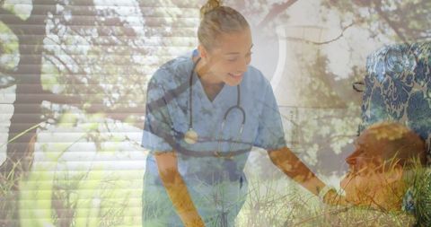 Double Exposure of Nurse Assisting Elderly Patient in Tranquil Setting