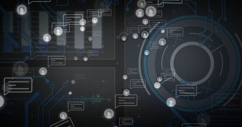 Futuristic digital interface with circuit lines and message bubbles