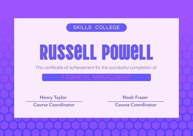 Use for recognizing completion of a financial management course or training program. Suitable for educational institutions, professional development sessions, and corporate training programs. Features a modern and colorful design, making it perfect for both digital and printed presentations.