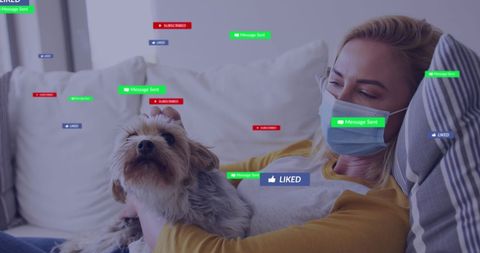 Woman with Face Mask and Dog Amid Social Media Icons - Download Free Stock Images Pikwizard.com