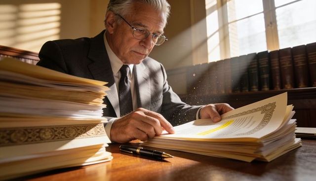 Senior lawyer in suit reviewing ornate legal documents at sunlit wooden desk with books