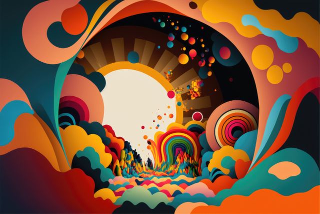 Vibrant abstract artwork featuring colorful geometric shapes and patterns in a surreal landscape. Perfect for use in graphic design projects, advertising campaigns, posters, album covers, and interior decorations. Conveys creativity, imagination, and a sense of wonder.