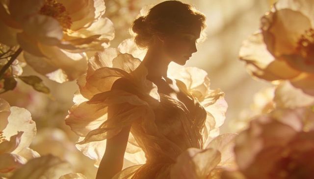Sunlit petal gown silhouette among golden peach blossoms, ethereal romantic fashion editorial