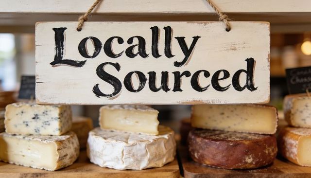 Rustic locally sourced cheese display featuring handwritten sign, wooden boards, artisanal