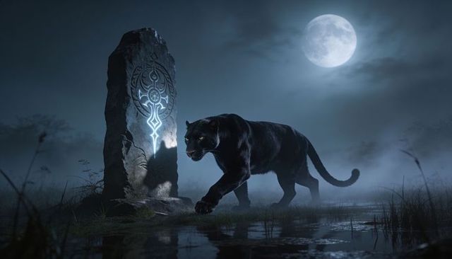 Black panther prowling moonlit marsh beside rune-etched standing stone under full moon