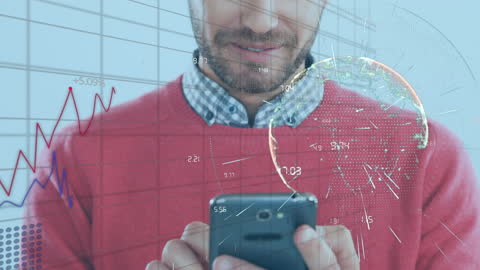 Businessman Using Smartphone with Data Visualization Overlay