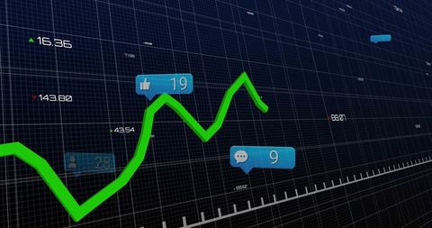 Neon Green Financial Line Graph Climbing on Dark 3D Grid with Social Engagement Tags