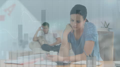 Businesswoman Analyzing Data with Graph Overlays for Global Trends