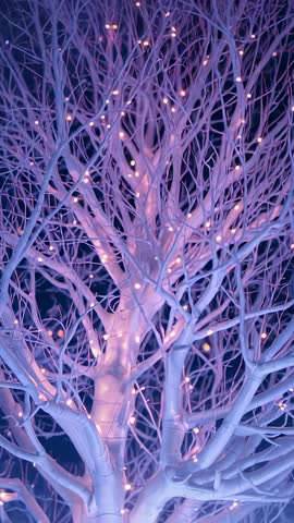 Vertical video capturing tree trunk pulsing LED lights, panning upward through glowing branches