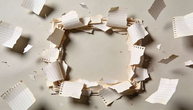 Torn lined notebook pages forming square ring with floating shreds on neutral background
