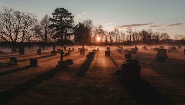 Misty cemetery at dawn with long shadows and tombstones