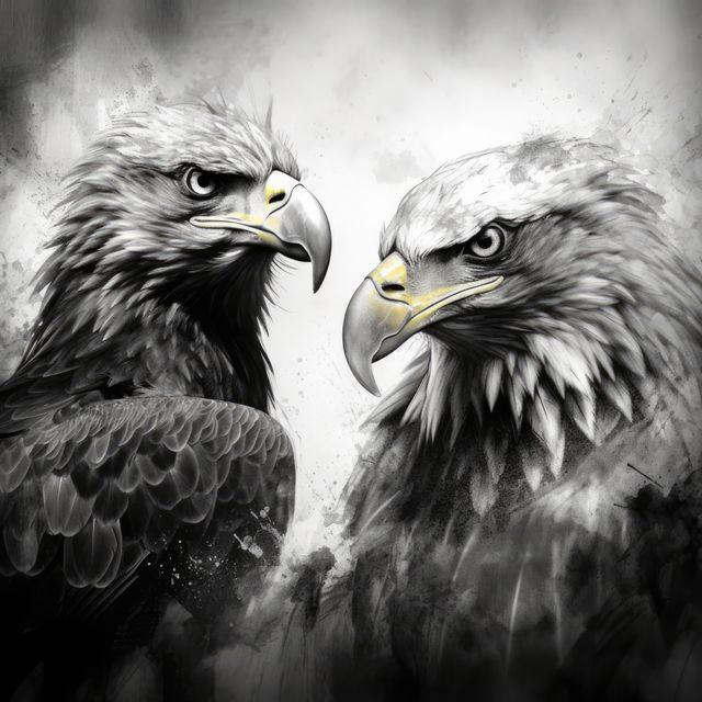 This striking black and white image features the detailed faces of two eagles, showcasing their sharp beaks and intense expressions. The artistic rendering provides a dramatic and powerful look, ideal for use in educational materials about wildlife, nature-themed art galleries, or as a bold decoration in various settings.