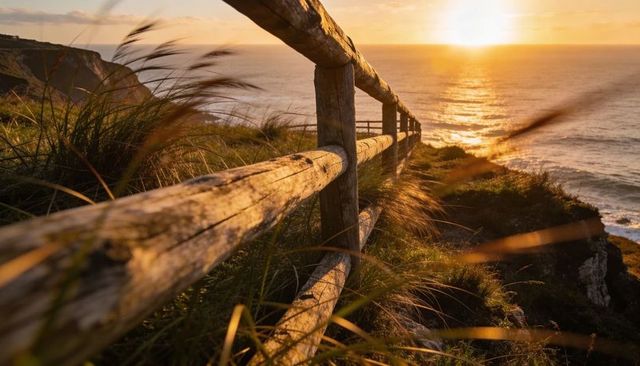 Sunset cliffside with weathered post-and-rail fence guiding view over ocean horizon