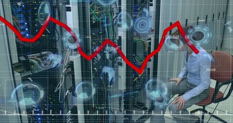 Technician analyzing servers with data visualization overlay