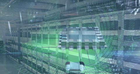 Futuristic server room with digital interface overlay