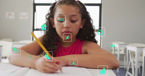 Schoolgirl Engaged in Sustainability Study, Green Icons Overlayed