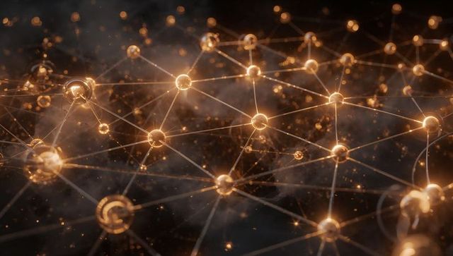 Glowing golden network lattice connecting spheres with luminous lines and bokeh