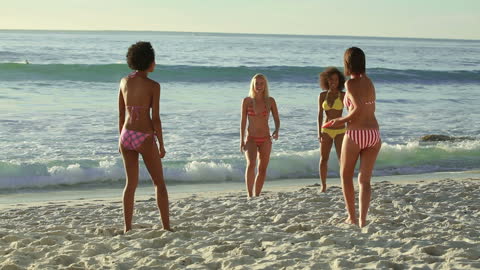 Happy Friends Enjoying a Frisbee Game on Sandy Beach