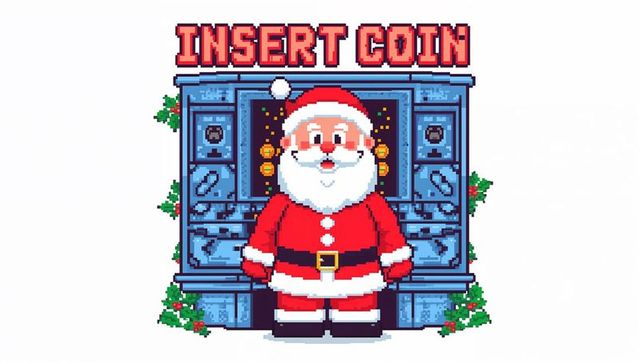 Pixel santa standing by retro arcade cabinet showing insert coin - festive 8-bit artwork