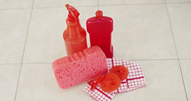 Cleaning Supplies and Sponge on Tile Floor - Download Free Stock Images Pikwizard.com