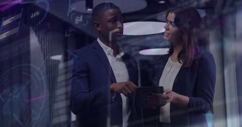 Professionals Collaborating with Digital Analytics Overlay