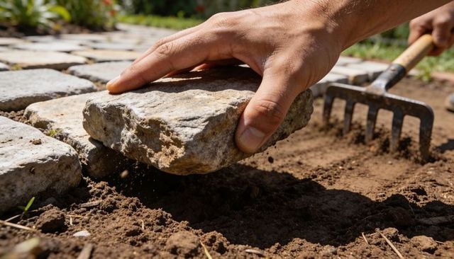 Hand placing rough stone paver in garden path during backyard landscaping project