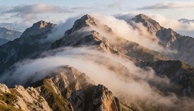 Alpine ridge bathing in golden light with rolling mist and jagged peaks