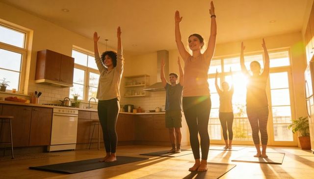 Sunlit morning group practicing yoga in kitchen on mats barefoot wellness and mindful stretch flow