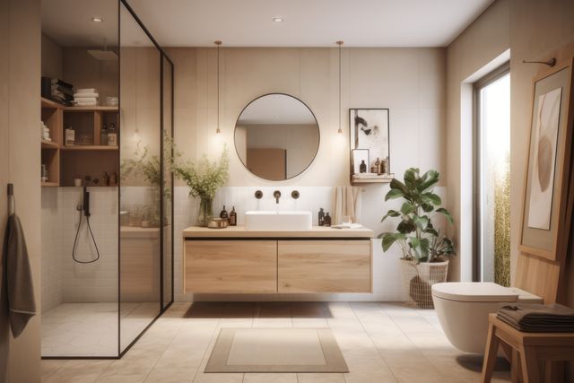 Modern bathroom with window and light tiling, created using generative ai technology. Bathroom, interior design and home decor concept digitally generated image.