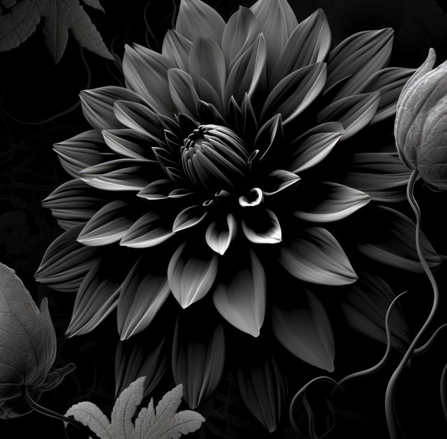Black and white close-up photo of a flower with detailed petals against a dark background. Emphasizes the texture and symmetry of the flower, providing a dramatic and artistic effect. Suitable for use in prints, posters, botanical studies, artistic projects, home decor, and design purposes.