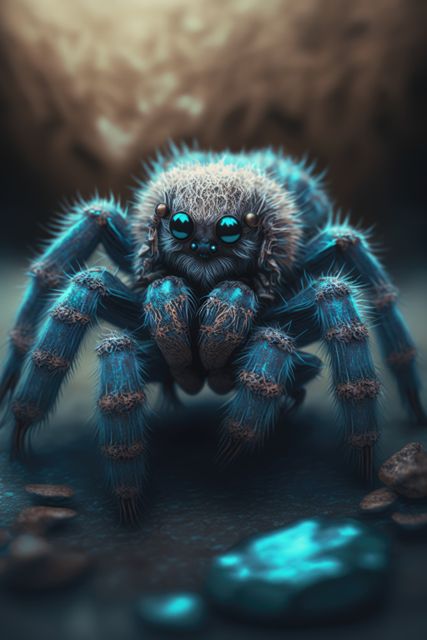 Macro view of a cute furry blue spider blending in textures and surroundings. Could be used for educational purposes, nature documentaries, artistic inspiration, or to illustrate the beauty and detail of small wildlife creatures.