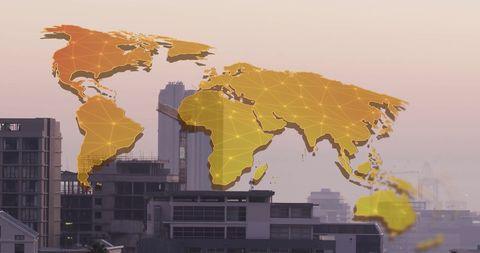 Illuminated world map overlay on modern cityscape skyline
