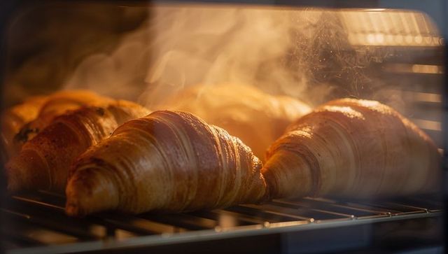 Baking golden croissants releasing steam on oven rack with warm glowing condensation