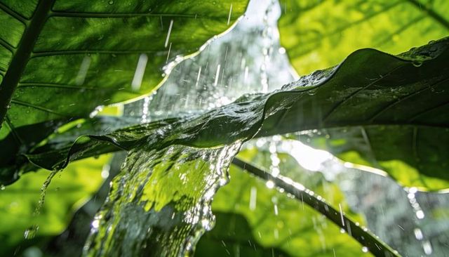 Catching sunlight and shedding rain on large tropical leaf macro backlit foliage
